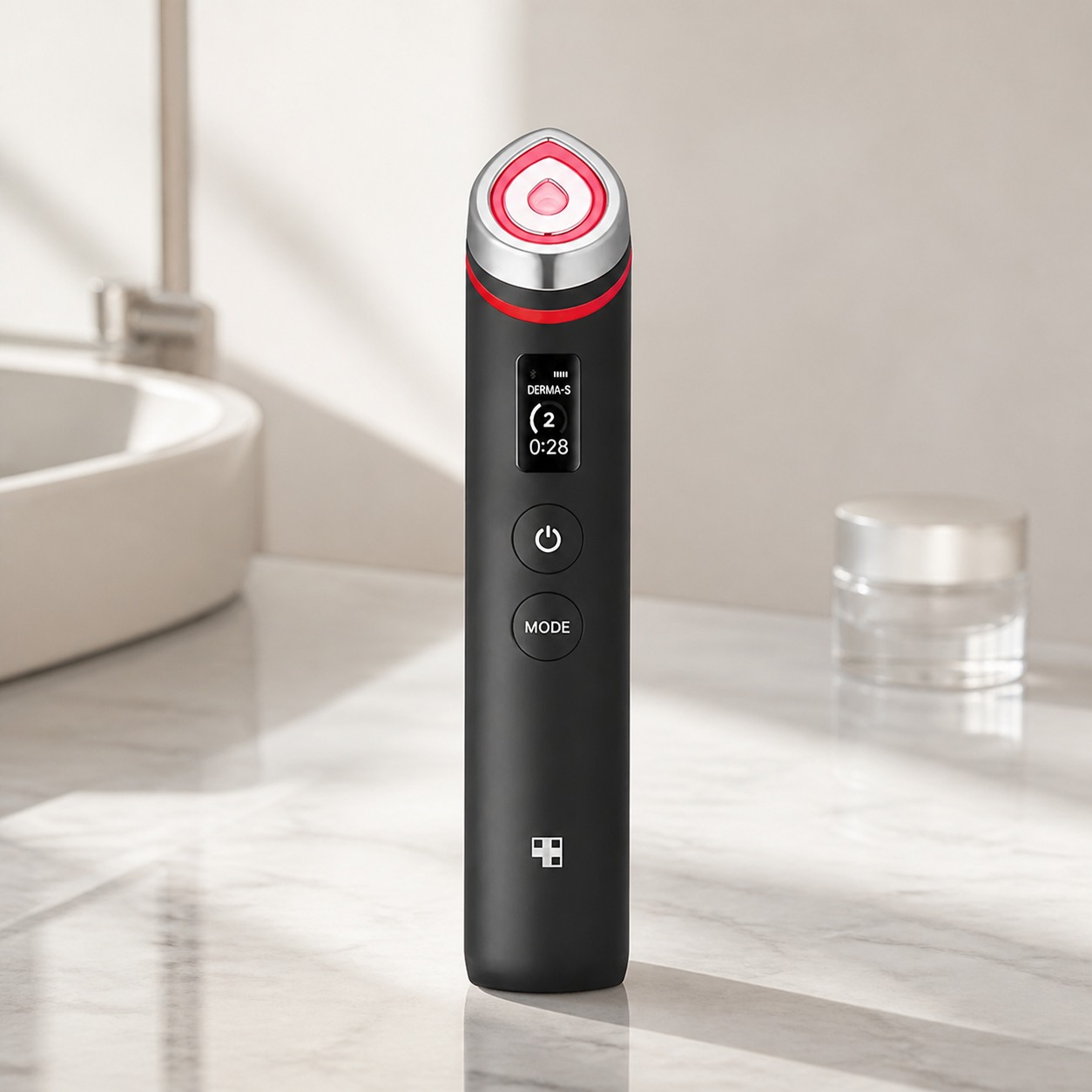 Medicube AGE-R Booster Pro negro sobre un tocador de baño