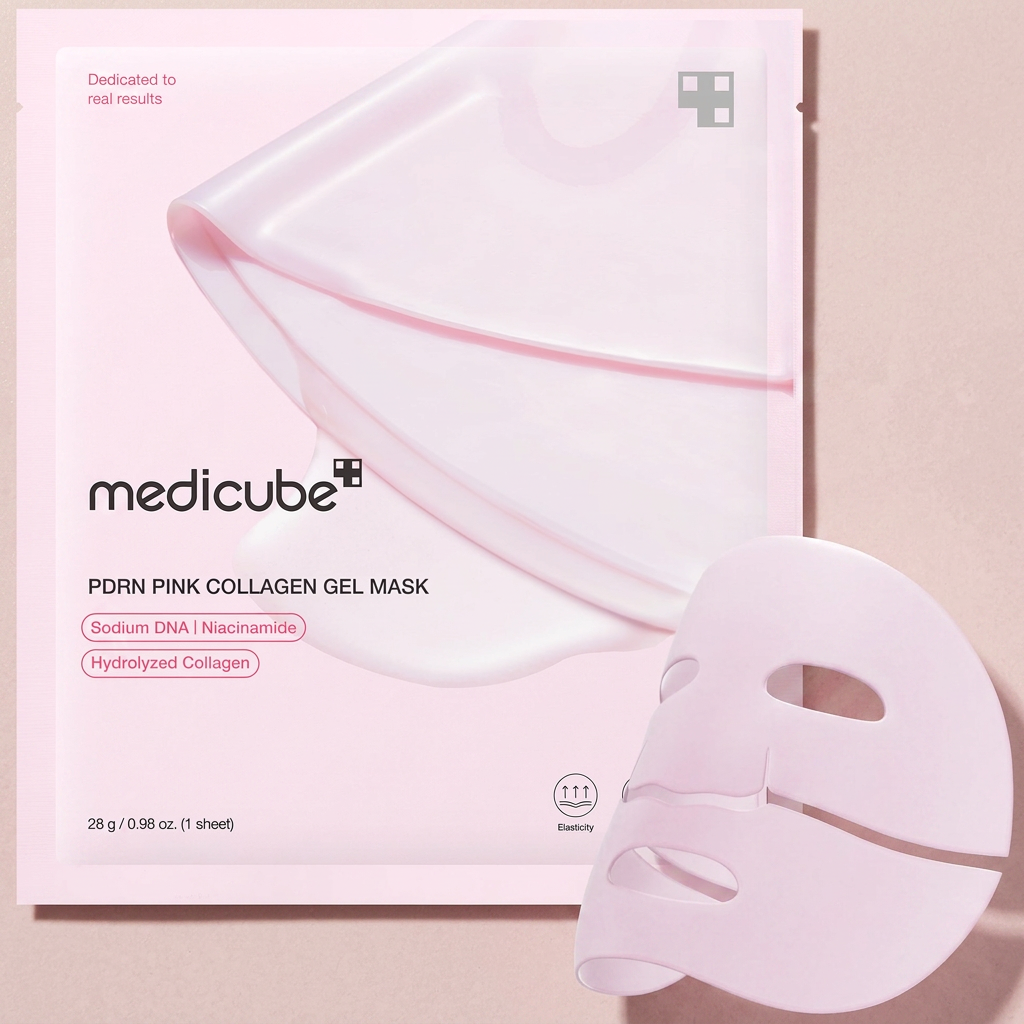 Sobre PDRN Pink Collagen Gel Mask de 28 g y sus dos piezas rosadas de hidrogel