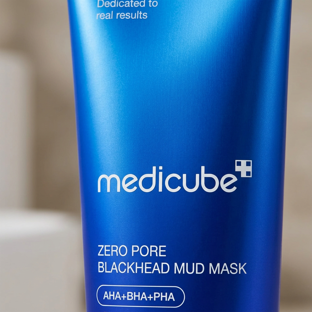 Detalle del tubo azul de Zero Pore Blackhead Mud Mask con el nombre y las siglas AHA, BHA y PHA visibles