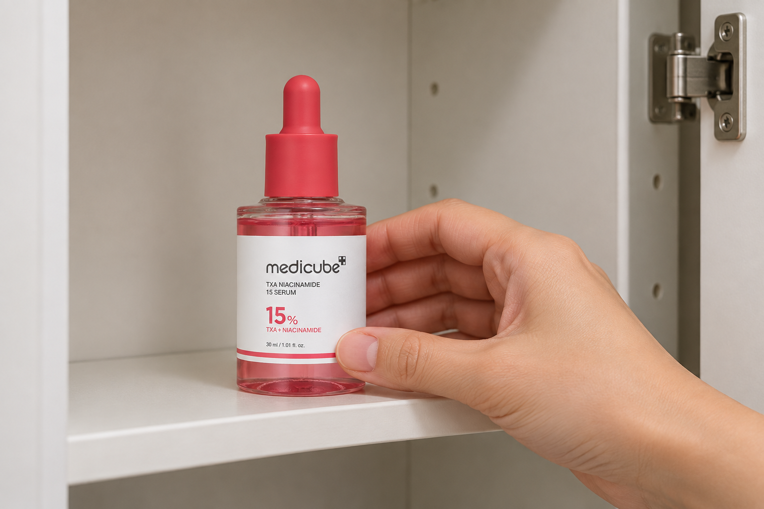 Frasco cerrado de Medicube TXA Niacinamide 15 Serum en un armario seco protegido de la luz directa