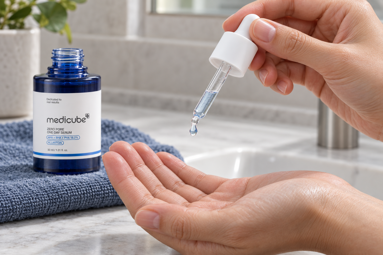 Dosificación con el cuentagotas de Zero Pore One Day Serum sin apoyar la punta en la mano