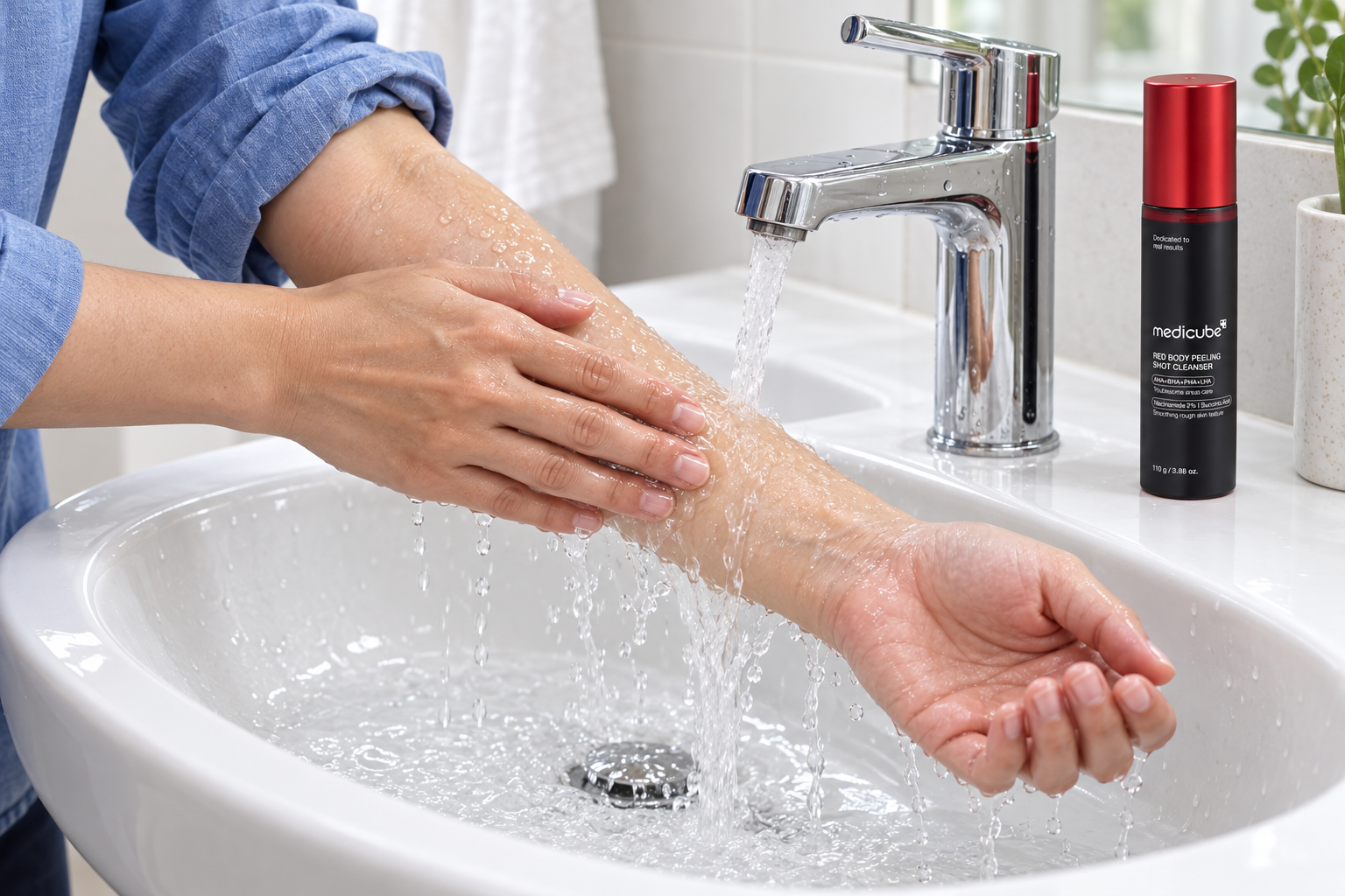 Una persona aclara con agua el antebrazo, con el frasco corporal Medicube cerrado junto al lavabo