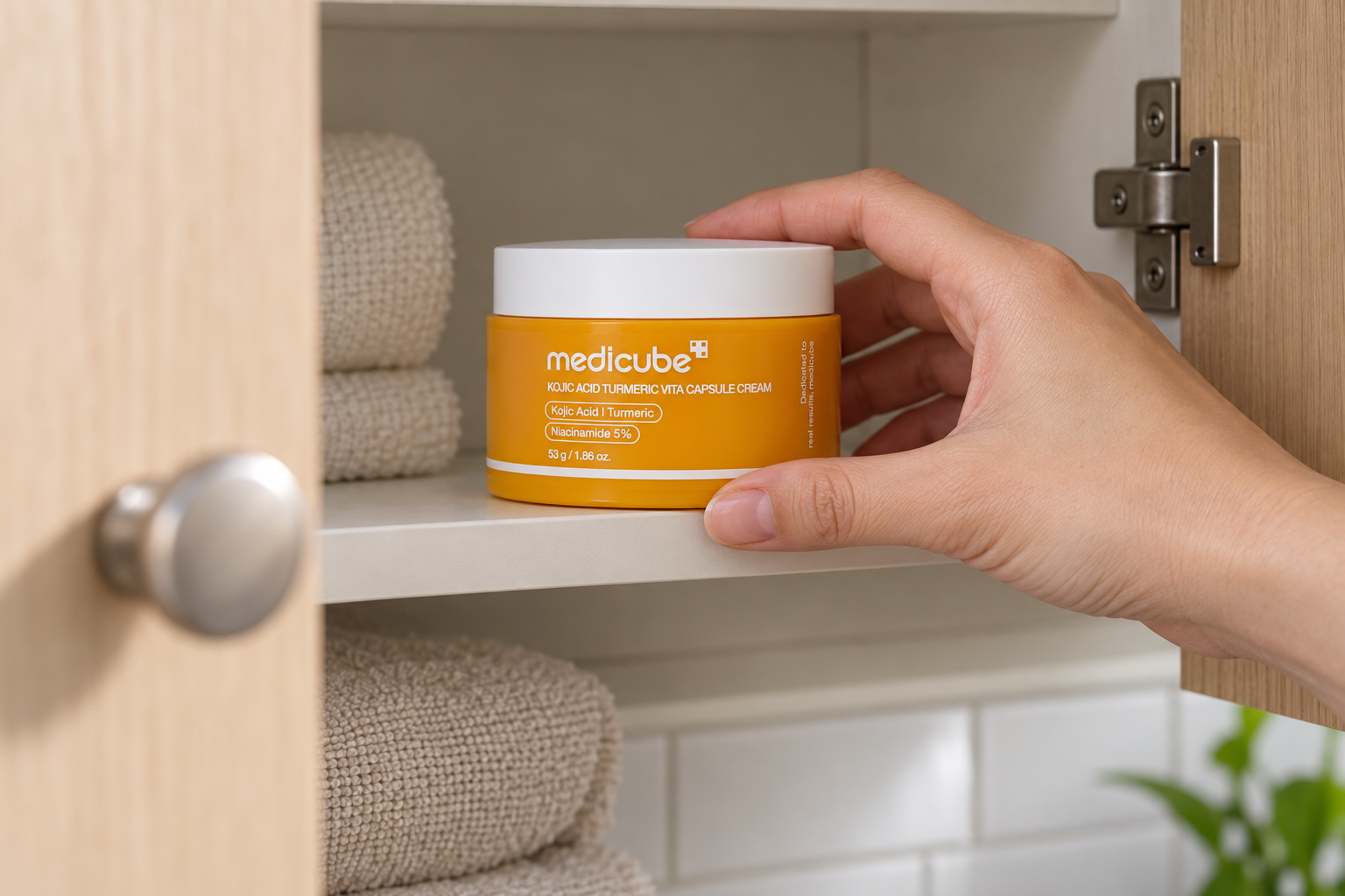 Una mano coloca el tarro Medicube Kojic Acid Turmeric de 53 g, cerrado con tapa blanca, dentro de un armario