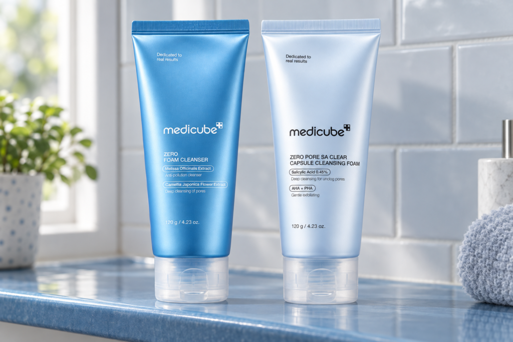 Zero Foam Cleanser y Zero Pore SA Clear Capsule Cleansing Foam: dos tubos distintos de Medicube.