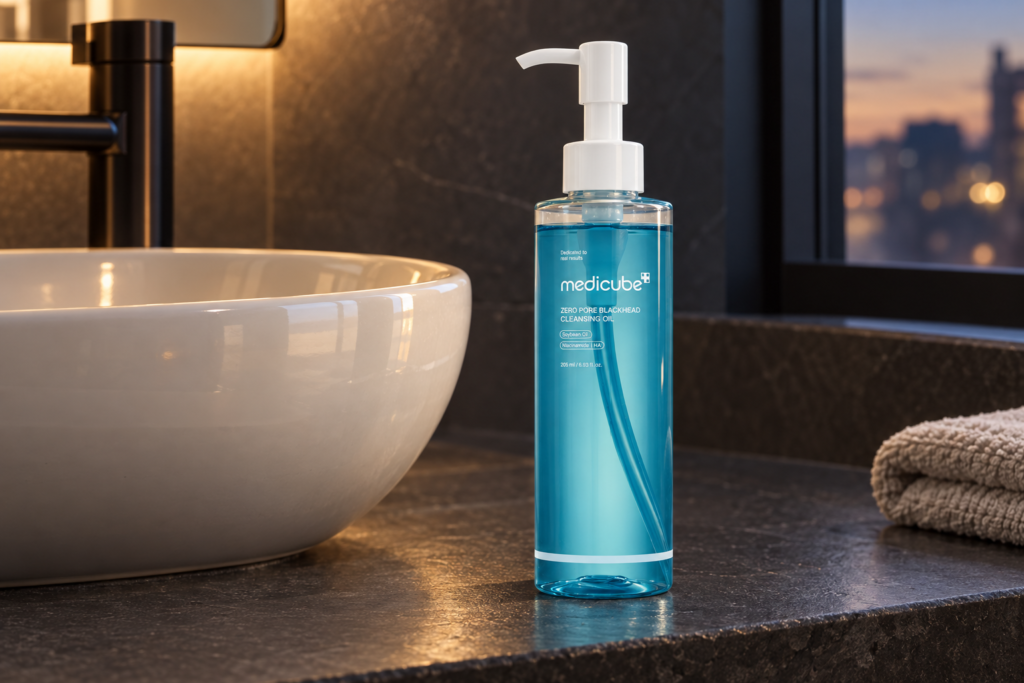 Frasco de referencia de Medicube Zero Pore Blackhead Cleansing Oil de 205 ml con dispensador blanco.