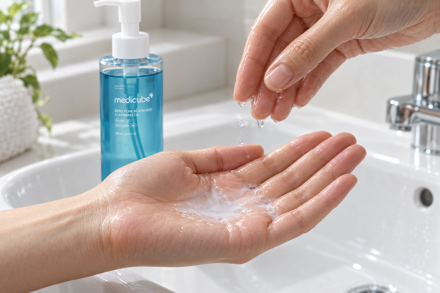 Agua añadida a una pequeña cantidad de aceite limpiador en la palma durante la emulsificación.