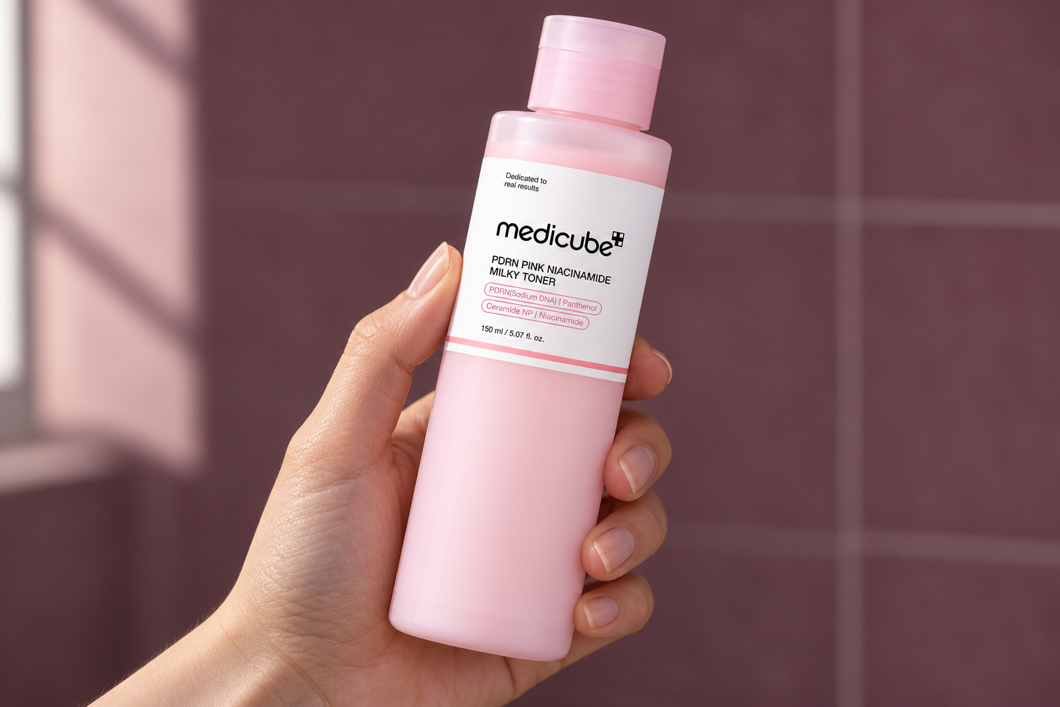 Una mano sostiene el Milky Toner de Medicube para leer el nombre completo y el volumen de 150 ml.