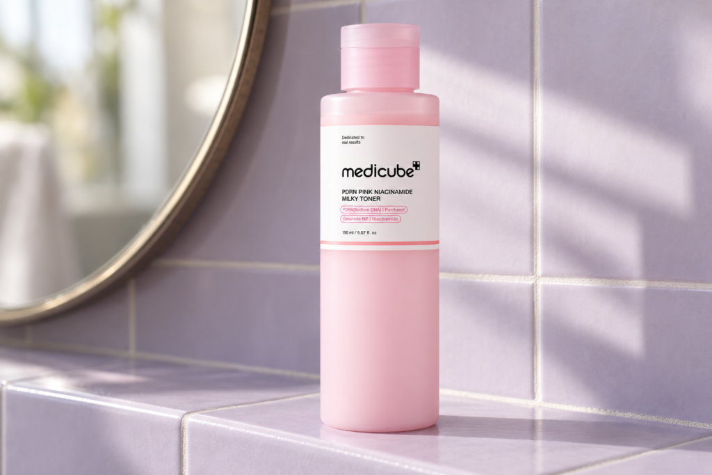 Frasco rosa de Medicube PDRN Pink Niacinamide Milky Toner de 150 ml con su etiqueta frontal.